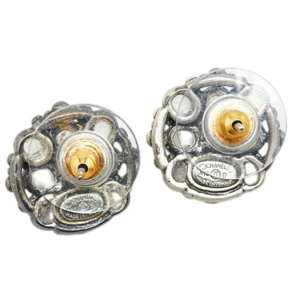 CHANEL CC Logos Rhinestone Stud Earrings Silver Tone A15B Auth w/Box - Picture 3 of 6